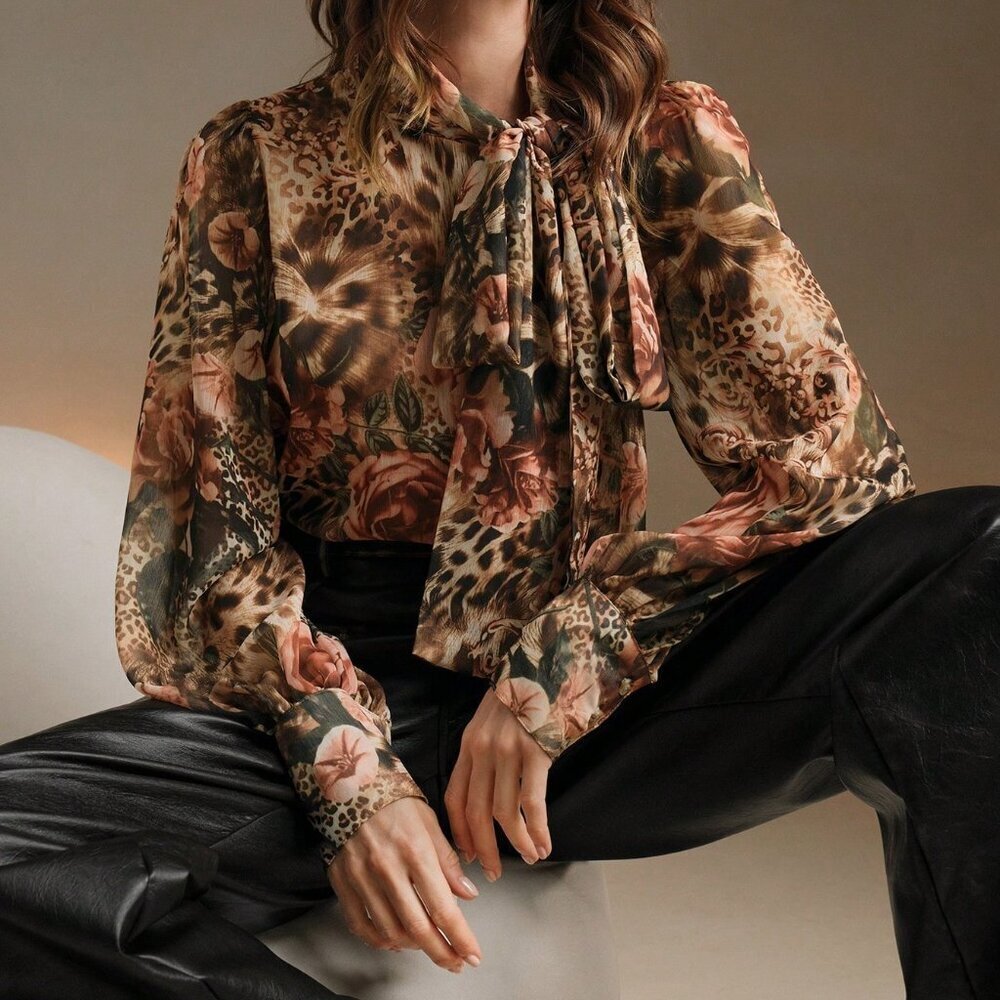 Elegant Brown Women's Floral & Leopard Print Blouse